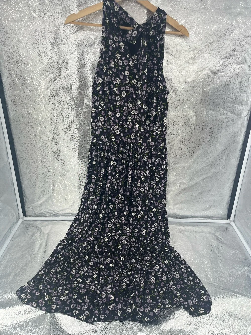 Michael Kors Floral Tiered Halter Dress Medium M Purple Black Ruffle Wedding Gst